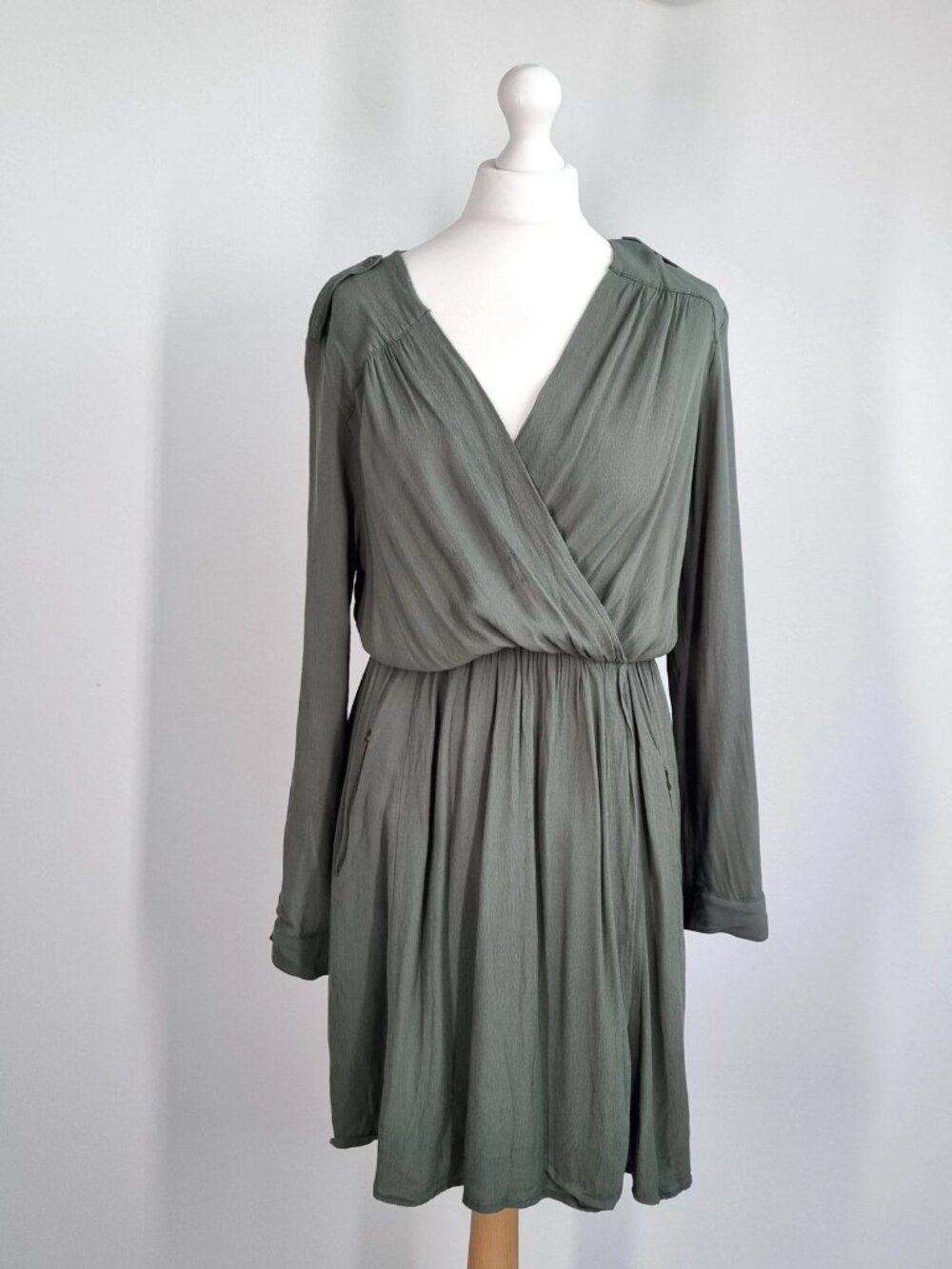 Maeve Dress Khaki Green Pockets Long Sleeves Grecian Draped